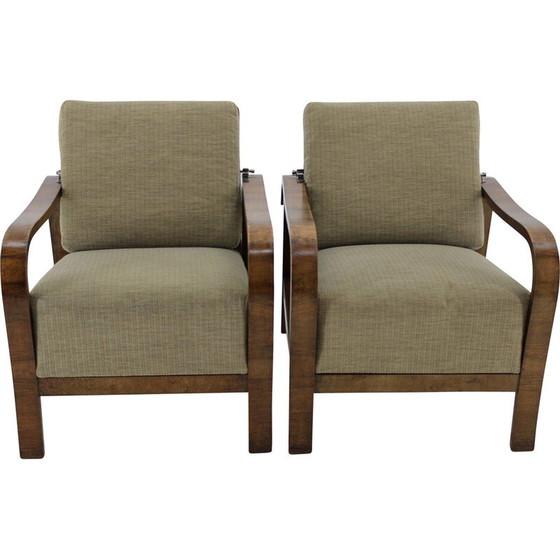 Image 1 of Pair of vintage Art Deco armchairs in walnut finish, Czechoslovakia 1930s