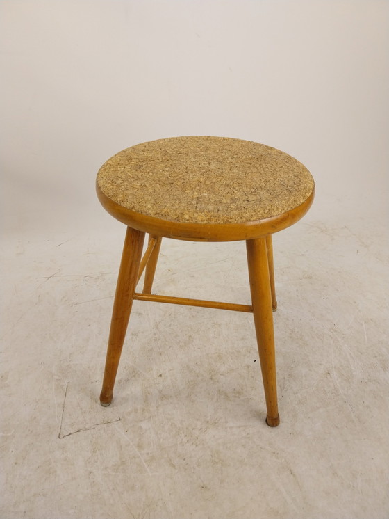 Image 1 of 1 X Midcenturymodern Pine Stool With Cork Seat 1960'S