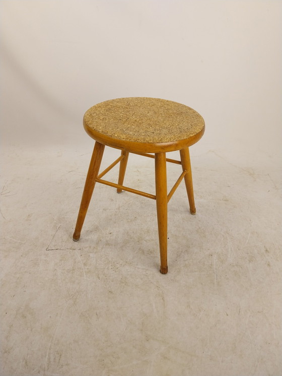 Image 1 of 1 X Midcenturymodern Pine Stool With Cork Seat 1960'S