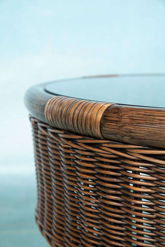 Image 1 of Bohemian 70s Coffee table, wicker round side table