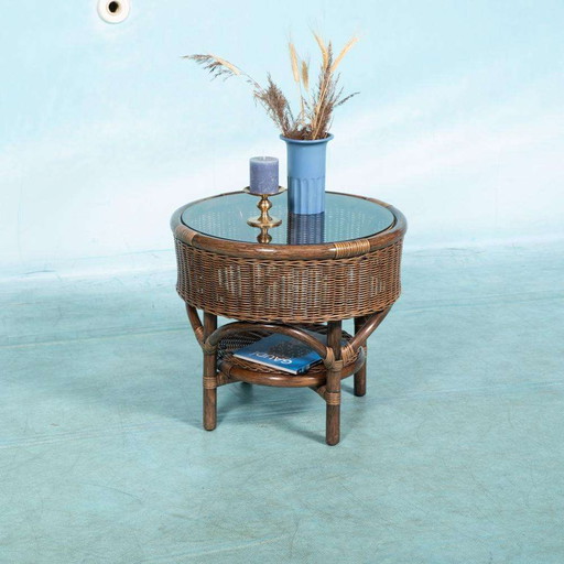 Bohemian 70s Coffee table, wicker round side table