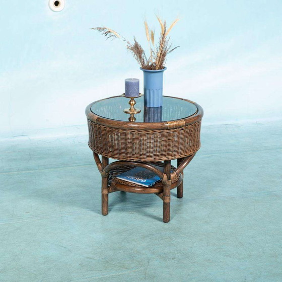 Image 1 of Bohemian 70s Coffee table, wicker round side table