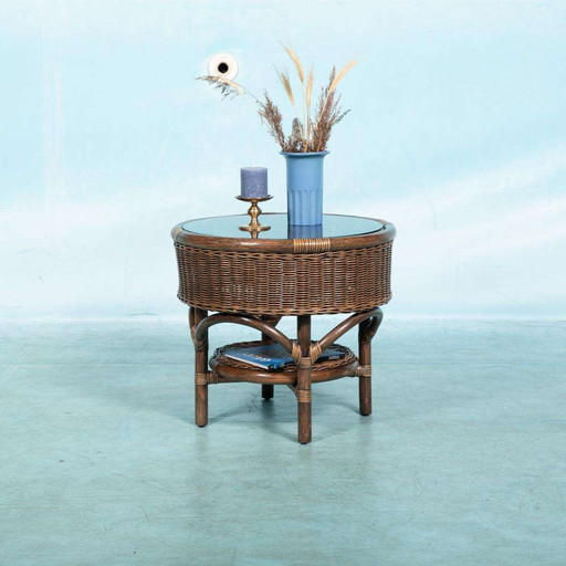 Bohemian 70s Coffee table, wicker round side table