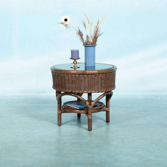 Image 1 of Bohemian 70s Coffee table, wicker round side table