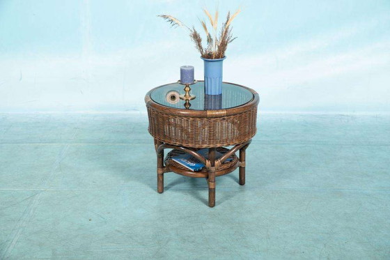 Image 1 of Bohemian 70s Coffee table, wicker round side table