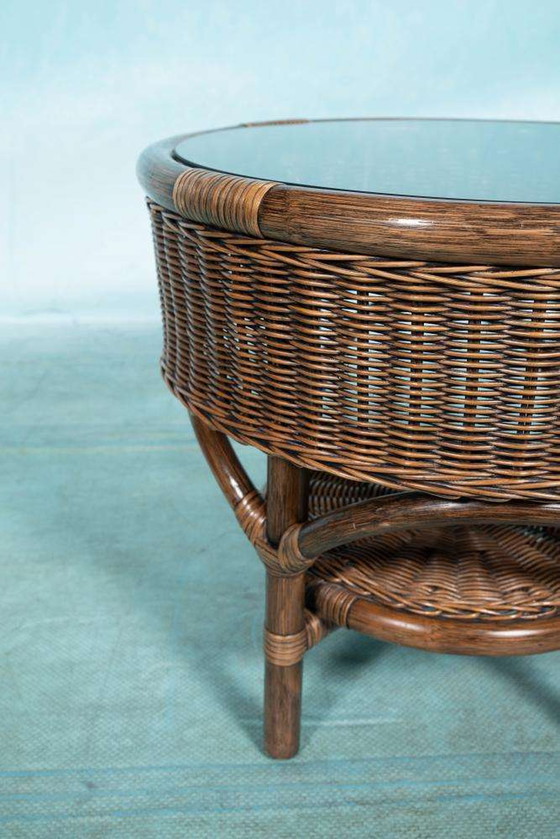 Image 1 of Bohemian 70s Coffee table, wicker round side table