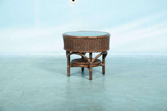 Image 1 of Table basse Bohème 70s, table d'appoint ronde en osier