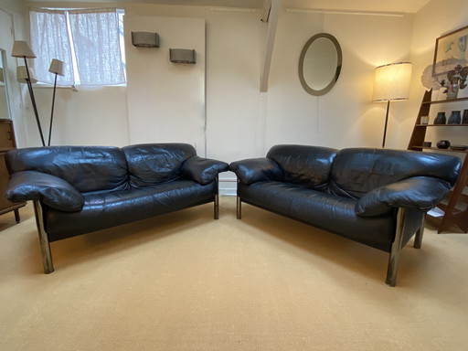 Pair Of Black Leather Sofas Edited By Poltrona Frau, Circa 1980/1990.