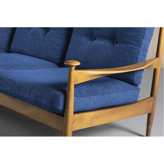 Image 1 of Vintage 3-seater sofa in teak and blue cushion, Denmark 1960