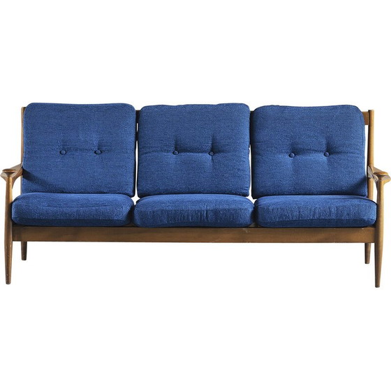 Image 1 of Vintage 3-seater sofa in teak and blue cushion, Denmark 1960