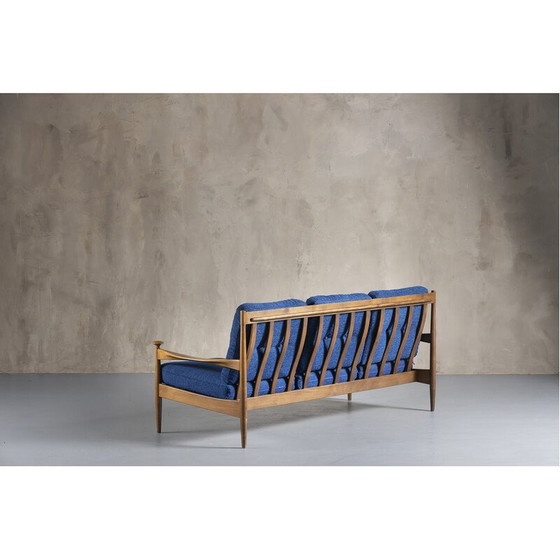 Image 1 of Vintage 3-seater sofa in teak and blue cushion, Denmark 1960