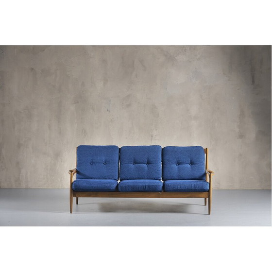 Image 1 of Vintage 3-seater sofa in teak and blue cushion, Denmark 1960