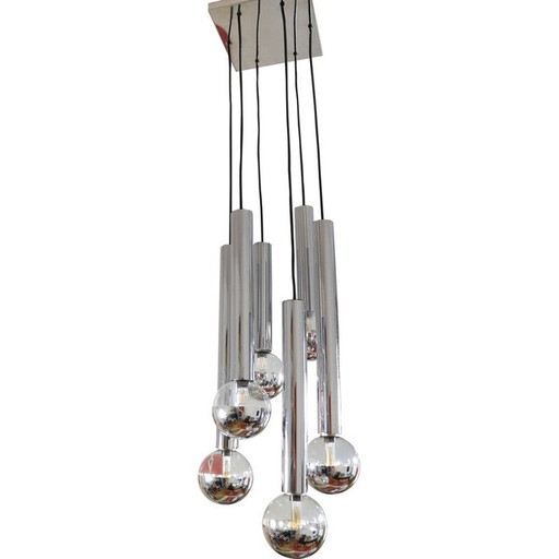 Vintage chrome waterfall pendant by Motoko Ishii for Staff, 1970
