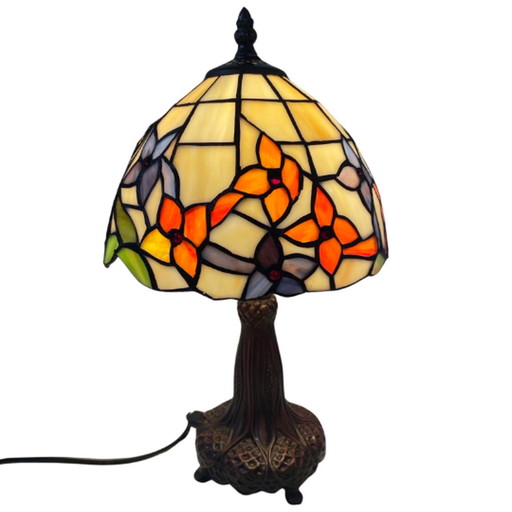 Tiffany style table lamp - Stained glass shade and decorative base - Ca. 1980’s (no cracks)