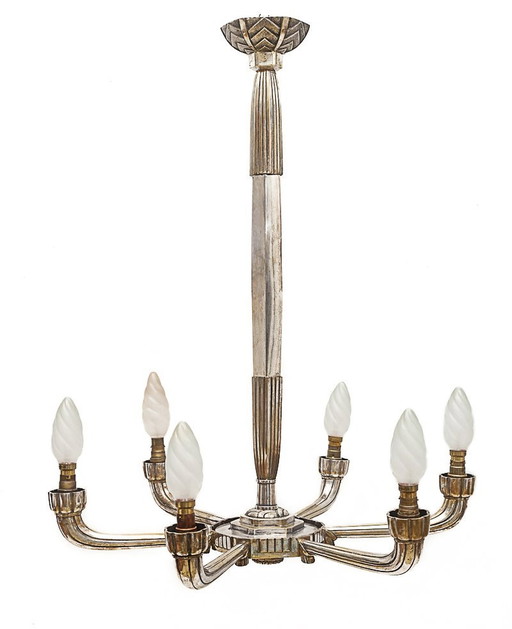 Art Deco Silver Brass Chandelier, 1920