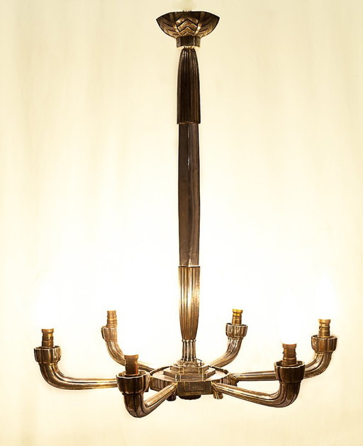 Art Deco Silver Brass Chandelier, 1920