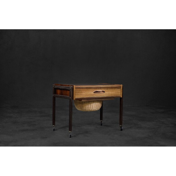 Image 1 of Vintage Danish rosewood thread side table with wicker basket, 1960s