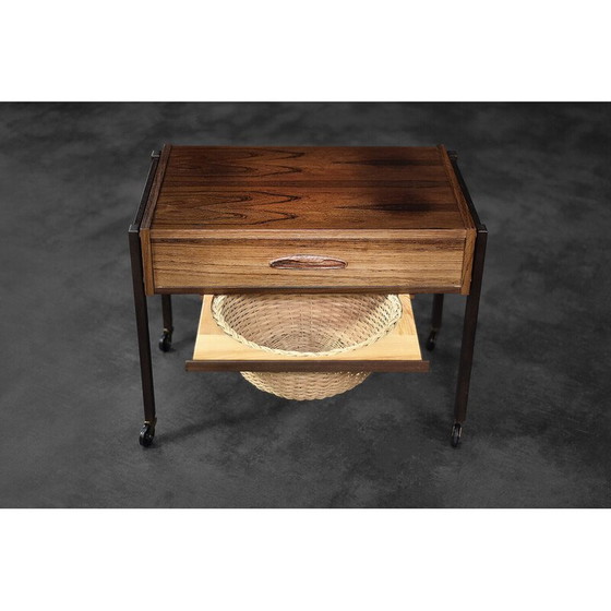 Image 1 of Vintage Danish rosewood thread side table with wicker basket, 1960s