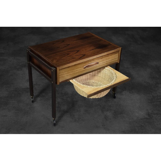 Image 1 of Vintage Danish rosewood thread side table with wicker basket, 1960s