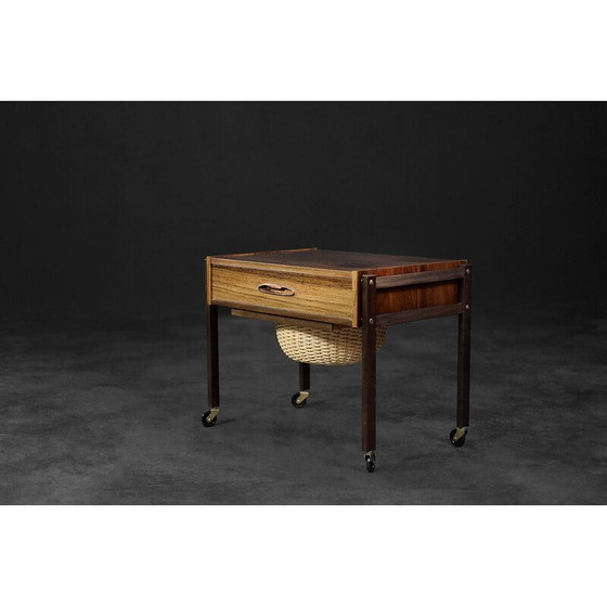 Image 1 of Vintage Danish rosewood thread side table with wicker basket, 1960s