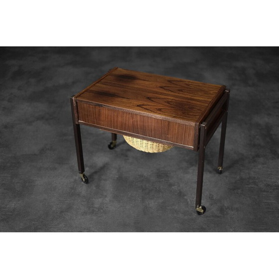 Image 1 of Vintage Danish rosewood thread side table with wicker basket, 1960s