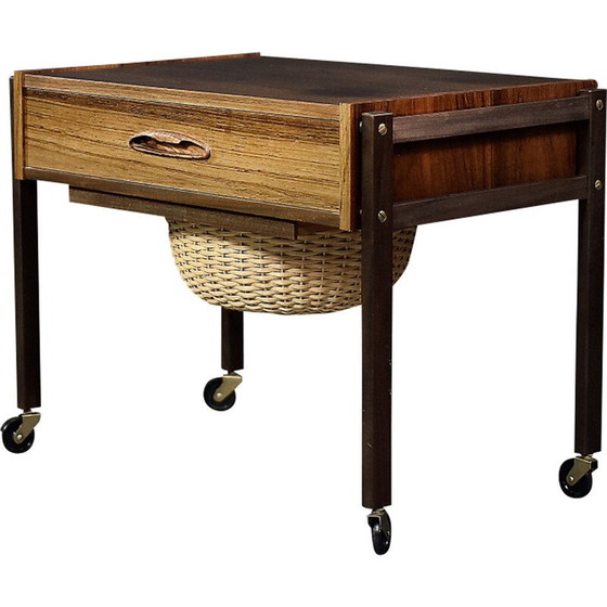 Image 1 of Vintage Danish rosewood thread side table with wicker basket, 1960s