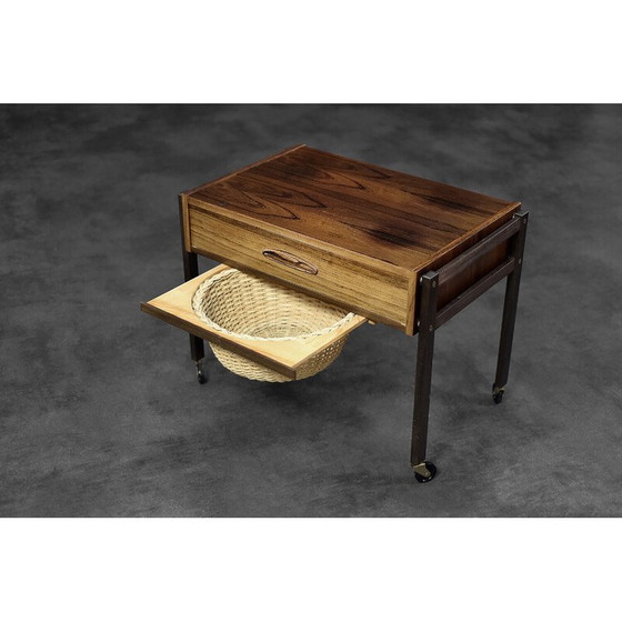 Image 1 of Vintage Danish rosewood thread side table with wicker basket, 1960s
