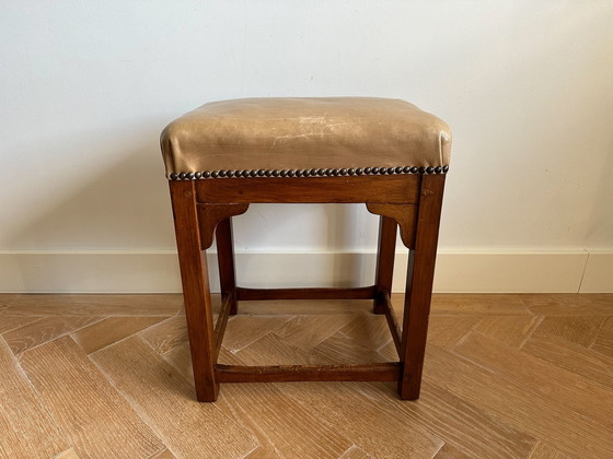 Image 1 of Vintage Dutch Art Deco Wooden Ottoman With Leather Seat
