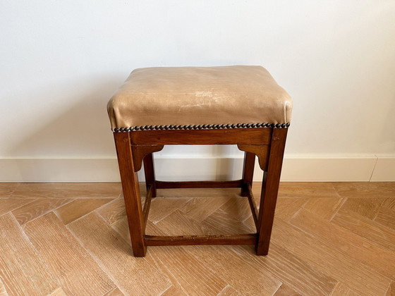 Image 1 of Vintage Dutch Art Deco Wooden Ottoman With Leather Seat