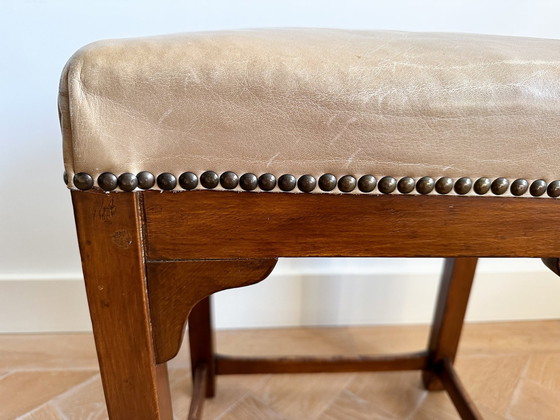 Image 1 of Vintage Dutch Art Deco Wooden Ottoman With Leather Seat