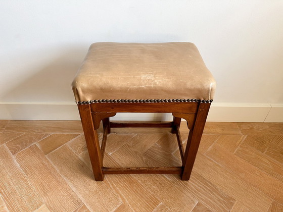 Image 1 of Vintage Dutch Art Deco Wooden Ottoman With Leather Seat