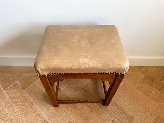 Image 1 of Vintage Dutch Art Deco Wooden Ottoman With Leather Seat