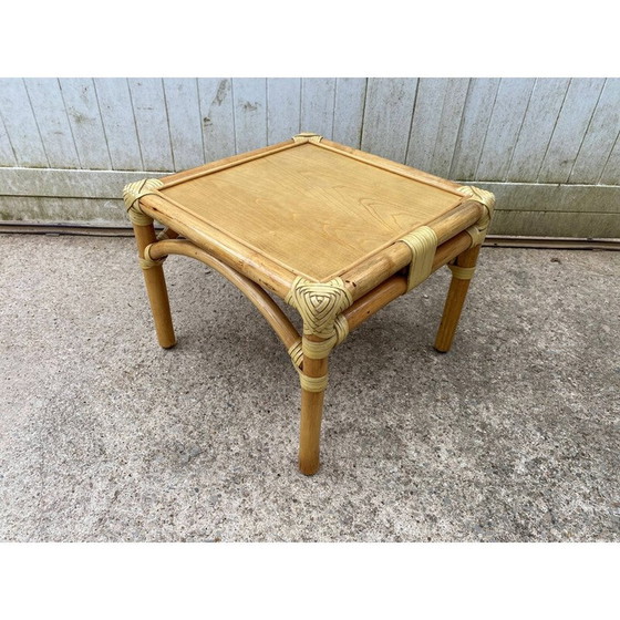 Image 1 of Vintage rattan and oak veneer coffee table for Maugrion, 1980