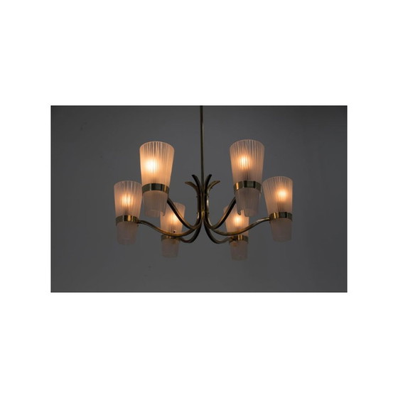 Image 1 of Vintage brass and glass chandelier, Denmark 1970s