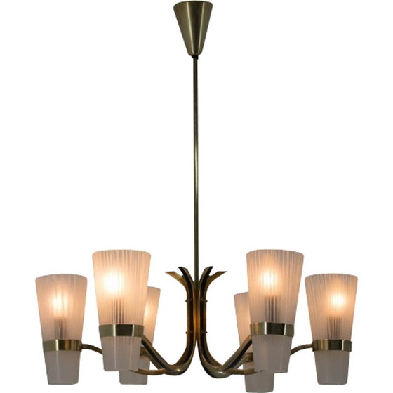 Image 1 of Vintage brass and glass chandelier, Denmark 1970s