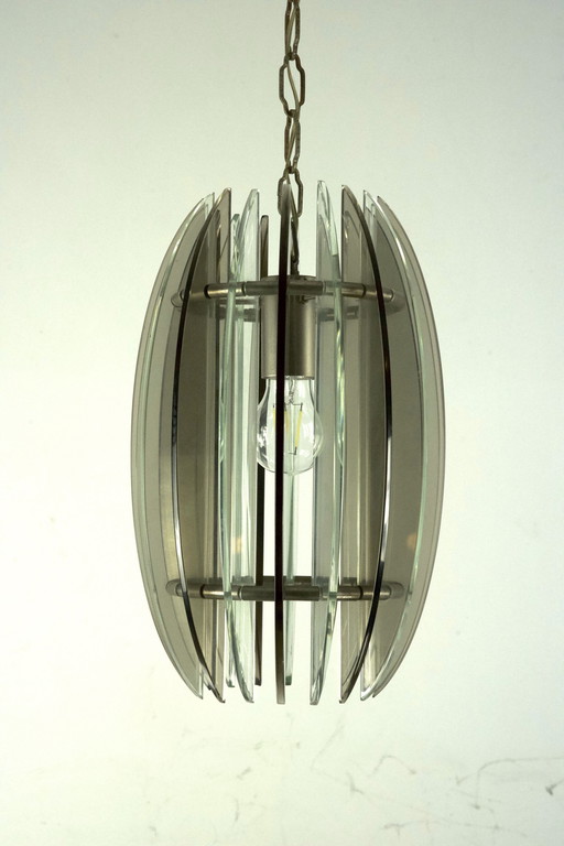 Mid-Century Italian Fume And Clear Thick Glass Chandelier By Veca. Italy 1960S