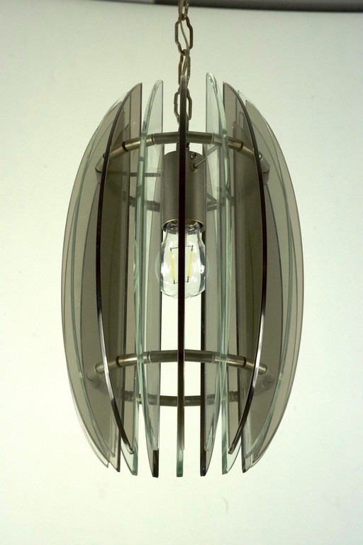 Mid-Century Italian Fume And Clear Thick Glass Chandelier By Veca. Italy 1960S