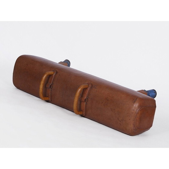 Image 1 of Vintage gymnastic leather pommel horse bench with wooden handles top, Czechoslovakia 1930s