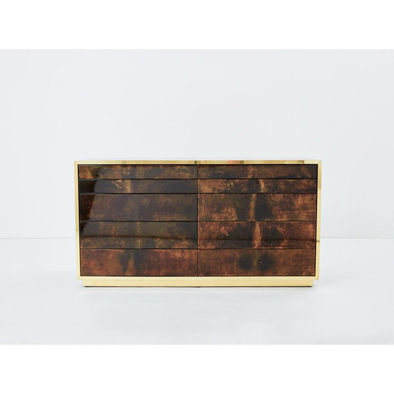 Image 1 of Vintage chest of drawers in brown parchment and brass for Aldo Tura, Italy 1960