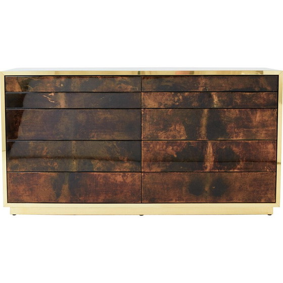 Image 1 of Vintage chest of drawers in brown parchment and brass for Aldo Tura, Italy 1960