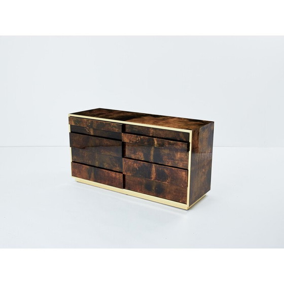 Image 1 of Vintage chest of drawers in brown parchment and brass for Aldo Tura, Italy 1960