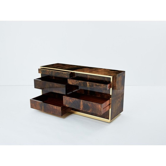Image 1 of Vintage chest of drawers in brown parchment and brass for Aldo Tura, Italy 1960