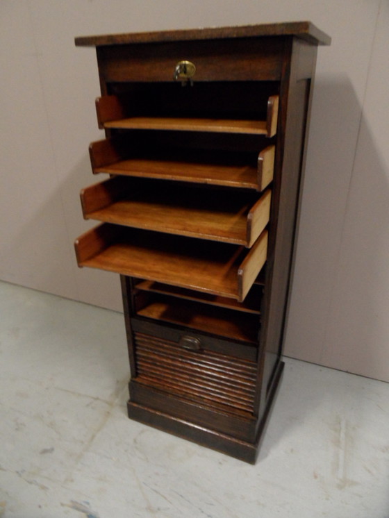 Image 1 of Vintage oak roller shutter cabinet with drawers
