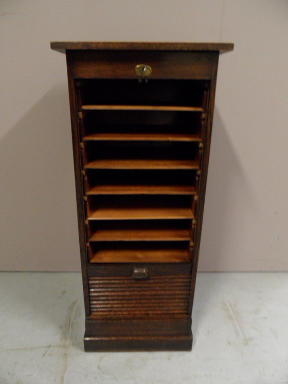 Image 1 of Vintage oak roller shutter cabinet with drawers
