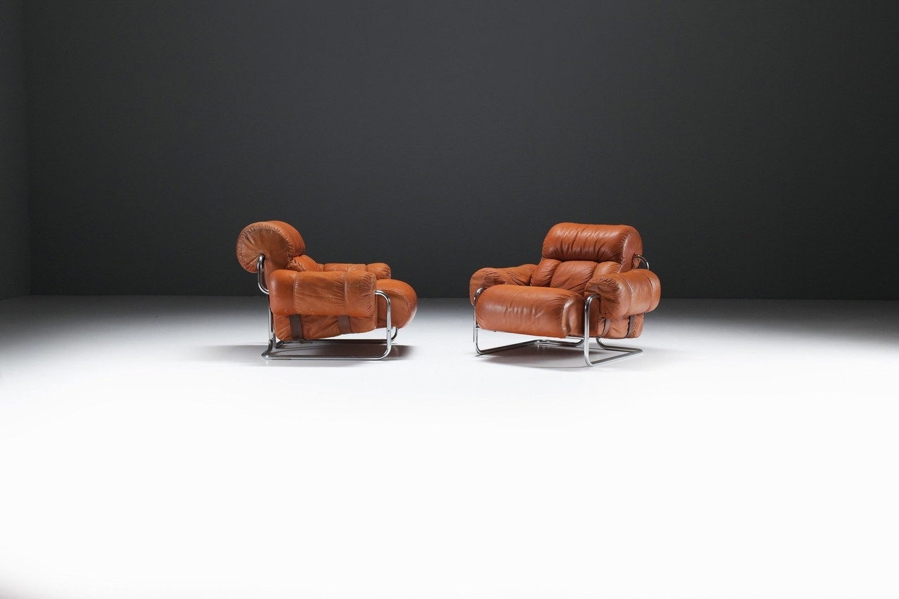 Tucroma Lounge Chairs (2) In Cognac Leather By Guido Faleschini