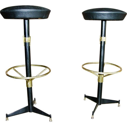 Pair of vintage bar stools in lacquered steel and brass, Italy 1950