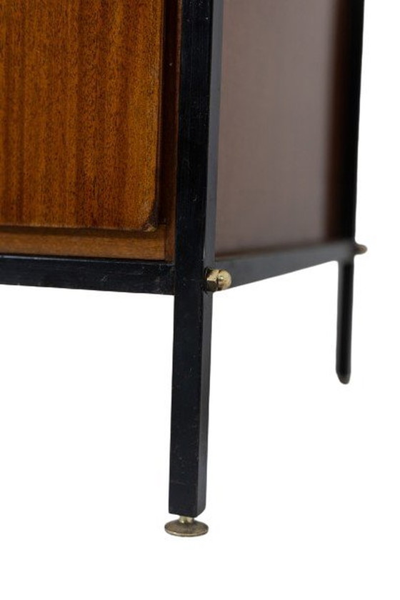 Image 1 of Pair of Mahogany Veneered and Black Lacquered Iron Cabinets. Circa 1950.