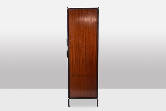 Image 1 of Pair of Mahogany Veneered and Black Lacquered Iron Cabinets. Circa 1950.