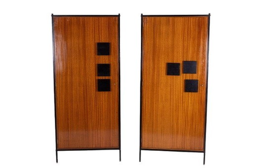 Pair of Mahogany Veneered and Black Lacquered Iron Cabinets. Circa 1950.