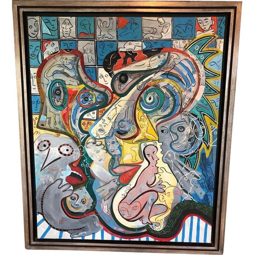 Cuadro vintage "Nacimiento festivo" con marco de madera plateada de Alain Rothstein, década de 1990